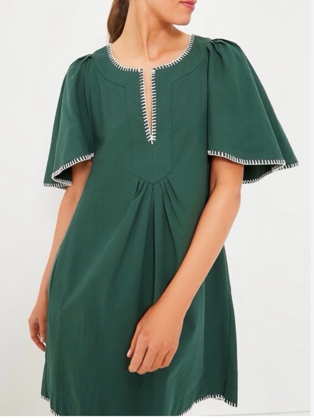 Pomander Place Forest Green Mini Dress with White Trim